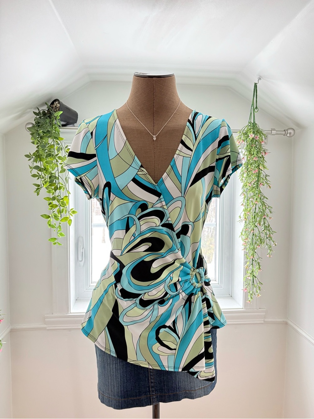 Reitmans Aqua, Black, Green & Cream Wrap-Front Blouse